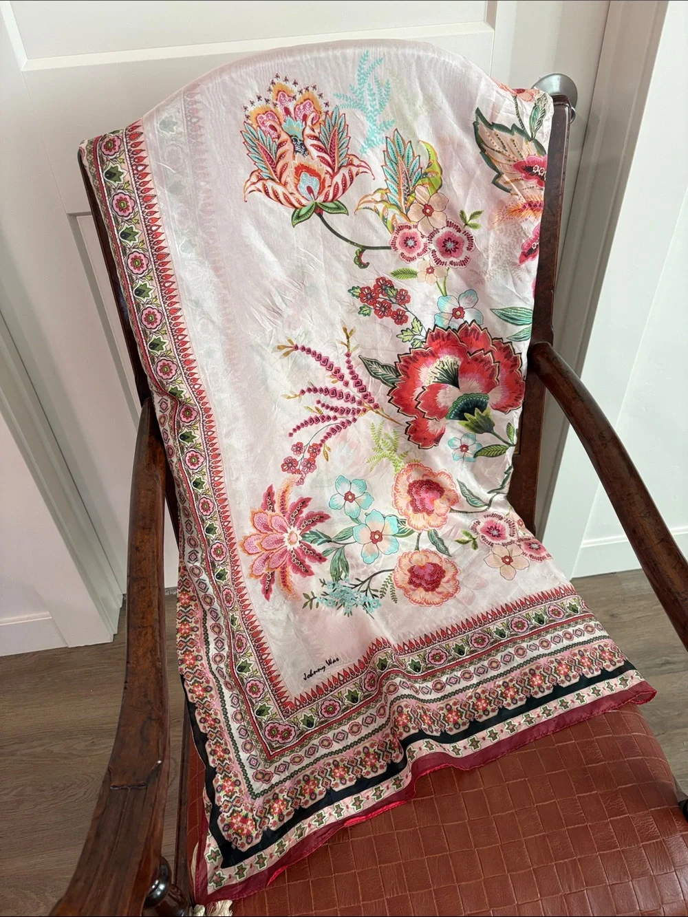 Johnny Was 100% Silk Floral Scarf—GORGEOUS! Reds, Pinks, Greens & More. EUC! - Picture 4 of 6